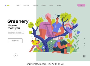 Greenery, ecology -modern flat vector concept illustration of people on a tree, surrounded by plants. Metaphor of environmental sustainability and protection, closeness to nature