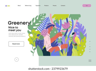 Greenery, ecology -modern flat vector concept illustration of a woman exploring the jungle and a wild bird in a tree. Metaphor of environmental sustainability and protection, closeness to nature