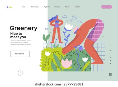 Greenery, ecology -modern flat vector concept illustration of people around the swimming pool of plants and flowers. Metaphor of environmental sustainability and protection, closeness to nature