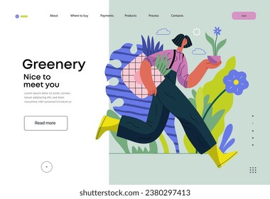 Greenery, ecology -modern flat vector concept illustration of a woman running with a eco bag and a flower in the pot. Metaphor of environmental sustainability and protection, closeness to nature