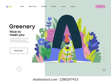 Greenery, ecology -modern flat vector concept illustration of a male gardener carrying the plants. Metaphor of environmental sustainability and protection, closeness to nature