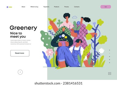 Greenery, ecology -modern flat vector concept illustration of people surrounded by plants and flowers. Metaphor of environmental sustainability and protection, closeness to nature