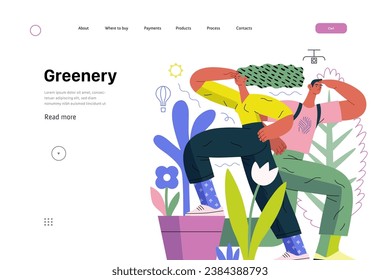 Greenery, ecology -modern flat vector concept illustration of observing people surrounded by plants. Metaphor of environmental sustainability and protection, closeness to nature
