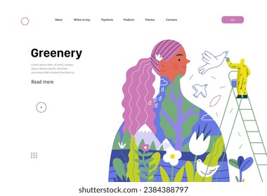 Greenery, ecology -modern flat vector concept illustration of a man painting a mural of a woman, composed with landscape. Metaphor of environmental sustainability and protection, closeness to nature
