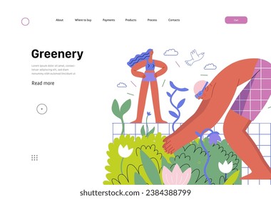 La vegetación, la ecología -moderna ilustración de la concepción de vector plano de las personas alrededor de la piscina de plantas y flores. Metáfora de sostenibilidad y protección ambiental, cercanía a la naturaleza