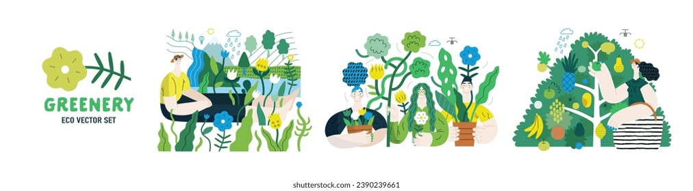 La vegetación, la ecología -moderna ilustración de la población y las plantas mediante el concepto de vector plano. Metáfora de sostenibilidad y protección ambiental, cercanía a la naturaleza, vida verde, ecosistema y biosfera