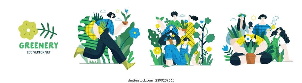 Greenery, ecology -modern flat vector concept illustration of people and plants. Metaphor of environmental sustainability and protection, closeness to nature, green life, ecosystem and biosphere