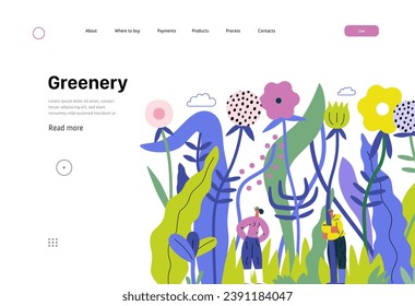 Greenery, ecology -modern flat vector concept illustration of tiny people in the grass, surrounded by plants and flowers. Metaphor of environmental sustainability and protection, closeness to nature