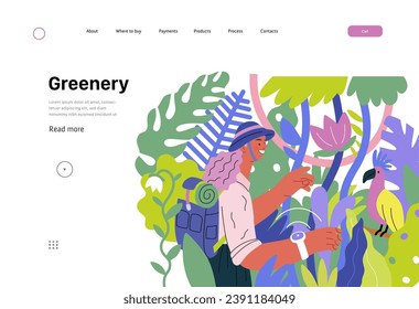 Greenery, ecology -modern flat vector concept illustration of a woman exploring the jungle and a wild bird in a tree. Metaphor of environmental sustainability and protection, closeness to nature