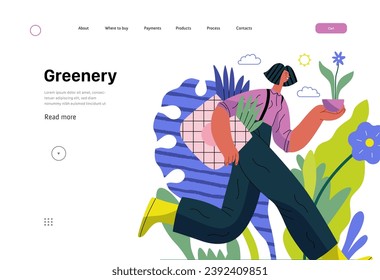 Greenery, ecology -modern flat vector concept illustration of a woman running with a eco bag and a flower in the pot. Metaphor of environmental sustainability and protection, closeness to nature