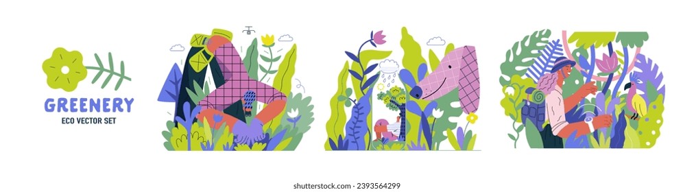 Greenery, ecology -modern flat vector concept illustration of people and plants. Metaphor of environmental sustainability and protection, closeness to nature, green life, ecosystem and biosphere