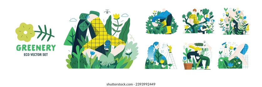 Greenery, ecology -modern flat vector concept illustration of people and plants. Metaphor of environmental sustainability and protection, closeness to nature, green life, ecosystem and biosphere