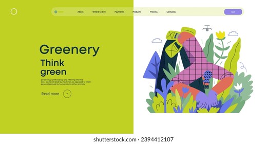 Greenery, ecology -modern flat vector concept illustration of a female gardener carrying the plants. Metaphor of environmental sustainability and protection, closeness to nature