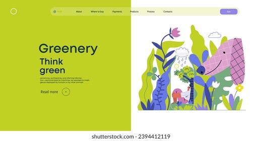 La vegetación, la ecología - moderna ilustración de un hombre en la botella, su ecosistema. Perro en un parque. Metáfora de sostenibilidad y protección ambiental, cercanía a la naturaleza