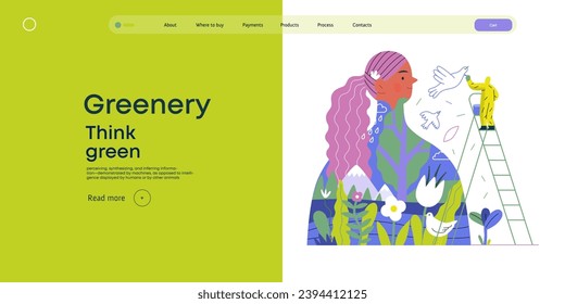 Greenery, ecology -modern flat vector concept illustration of a man painting a mural of a woman, composed with landscape. Metaphor of environmental sustainability and protection, closeness to nature