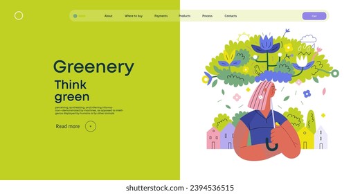 Greenery, ecology -modern flat vector concept illustration of a woman under the green lush umbrella of plants and flowers. Metaphor of environmental sustainability and protection, closeness to nature