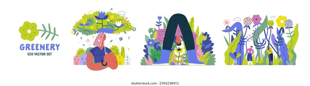 Greenery, ecology -modern flat vector concept illustration of people and plants. Metaphor of environmental sustainability and protection, closeness to nature, green life, ecosystem and biosphere