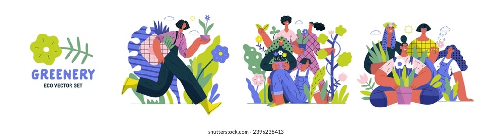 Greenery, ecology -modern flat vector concept illustration of people and plants. Metaphor of environmental sustainability and protection, closeness to nature, green life, ecosystem and biosphere