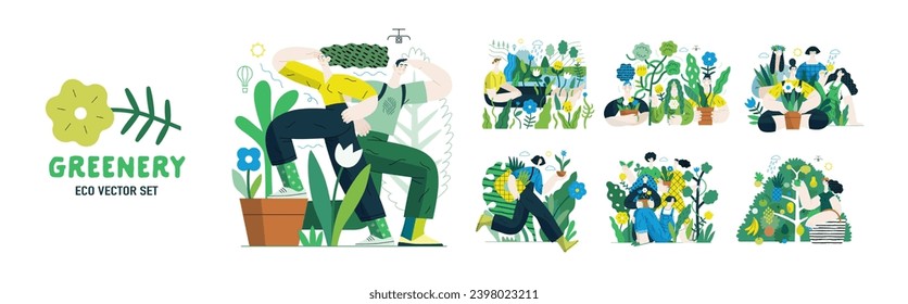 Greenery, ecology -modern flat vector concept illustration of people and plants. Metaphor of environmental sustainability and protection, closeness to nature, green life, ecosystem and biosphere