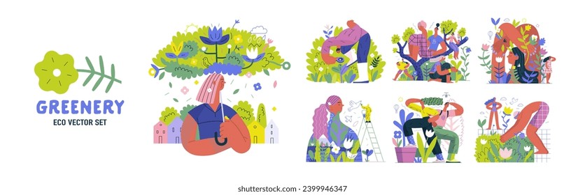 Greenery, ecology -modern flat vector concept illustration of people and plants. Metaphor of environmental sustainability and protection, closeness to nature, green life, ecosystem and biosphere