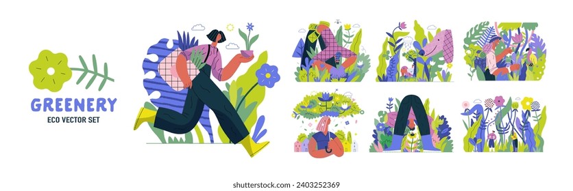 Greenery, ecology -modern flat vector concept illustration of people and plants. Metaphor of environmental sustainability and protection, closeness to nature, green life, ecosystem and biosphere