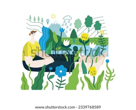 Greenery, ecology -modern flat vector concept illustration of a man sitting in the landscape with river and waterfall. Metaphor of environmental sustainability and protection, closeness to nature