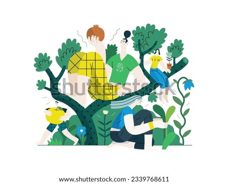 Greenery, ecology -modern flat vector concept illustration of people on a tree, surrounded by plants. Metaphor of environmental sustainability and protection, closeness to nature