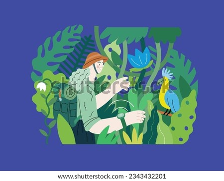 Greenery, ecology -modern flat vector concept illustration of a woman exploring the jungle and a wild bird in a tree. Metaphor of environmental sustainability and protection, closeness to nature