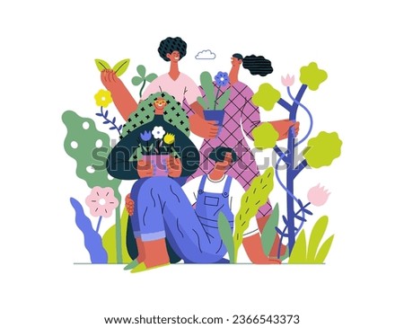 Greenery, ecology -modern flat vector concept illustration of people surrounded by plants and flowers. Metaphor of environmental sustainability and protection, closeness to nature