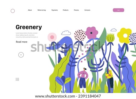 Greenery, ecology -modern flat vector concept illustration of tiny people in the grass, surrounded by plants and flowers. Metaphor of environmental sustainability and protection, closeness to nature
