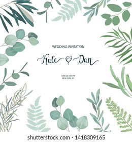 Greenery floral card with eucalyptus branch. Vector botanical illustration. Watercolor style