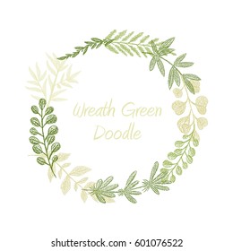 Greenery floral circle wreath vector, greeting, invitation or wedding card template. Hand drawn green leaf frame