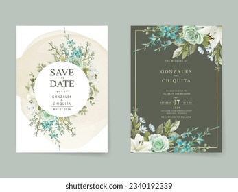 tarjeta de invitación a la boda de color de agua floral verde