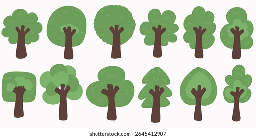 Greenery Forest Trees Flat Design Illustrations Set.