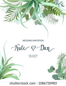 Moldura verde com folhas, suculento, eucalipto, samambaia e cacto. Perfeito para casamento, moldura, padrão, cartão de saudação, convites, letras. Estilo de aquarela. Ilustração vetorial