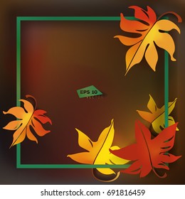 Greenery frame on brown autumn background, with beautiful falling maple leaves. Autumn theme backdrop