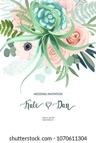 Greenery  frame with rose, succulent , eucalyptus, fern and cactus. Perfect for wedding, frame, pattern,greeting card, invitations, lettering. Watercolor style. Vector illustration