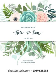 Greenery geometric frame with leaves, succulent , eucalyptus, fern and cactus. Perfect for wedding, frame, pattern,greeting card, invitations, lettering. Watercolor style. Vector illustration