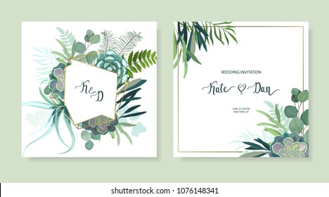 Greenery Geometric Set With Leaves, Succulent , Eucalyptus, Fern And Cactus. Perfect For Wedding, Frame, Pattern,greeting Card, Invitations, Lettering. Watercolor Style. Vector Illustration