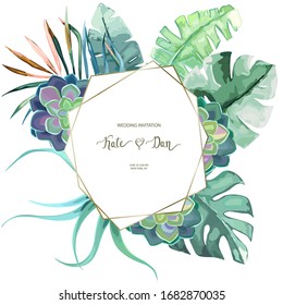 Greenery geometric set with tropical leaves and succulent. Perfect for wedding, frame, pattern, greeting card, invitations, lettering.  Vector illustration