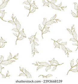 Greenery golden line art leaves, hand drawn simple floral seamless pattern, pastel color. Vector background for prints, textile fabric, wallpapers,scrapbook, wrapping paper