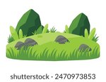 
Greenery grass fields meadow row with rock, flat vector illustration
