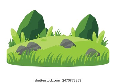 
Hierba verde campos fila de prados con roca, Ilustración vectorial plana