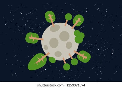 Greenery and greenness on the Moon - green tree and plant is breed and grown on the planet in the space. Organic life is living in the cosmos. Vector illustration