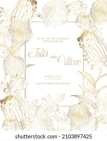 Greenery greeting, invitation card template design, leaves with flowers with hand drawn doodle graphics on white background, golden tones.