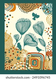 Greenery greeting, invitation card template design. Poster with flowers. hand drawing. Not AI, Vector illustration.