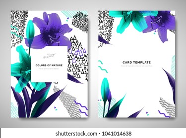 Greenery greeting/invitation card template design, lily flowers and leaves with hand drawn doodle graphics on white background, purple and green tones