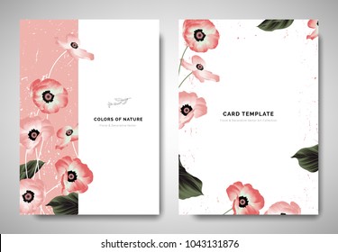 Greenery greeting/invitation card template design, pink anemone flowers and leaves on white background