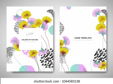 Greenery greeting/invitation card template design, yellow and pink carnation flowers with hand drawn doodle graphics on white background