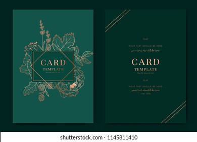 Greenery greeting/invitation card template design, metallic copper peony flowers and tropical leaf with emerald green background